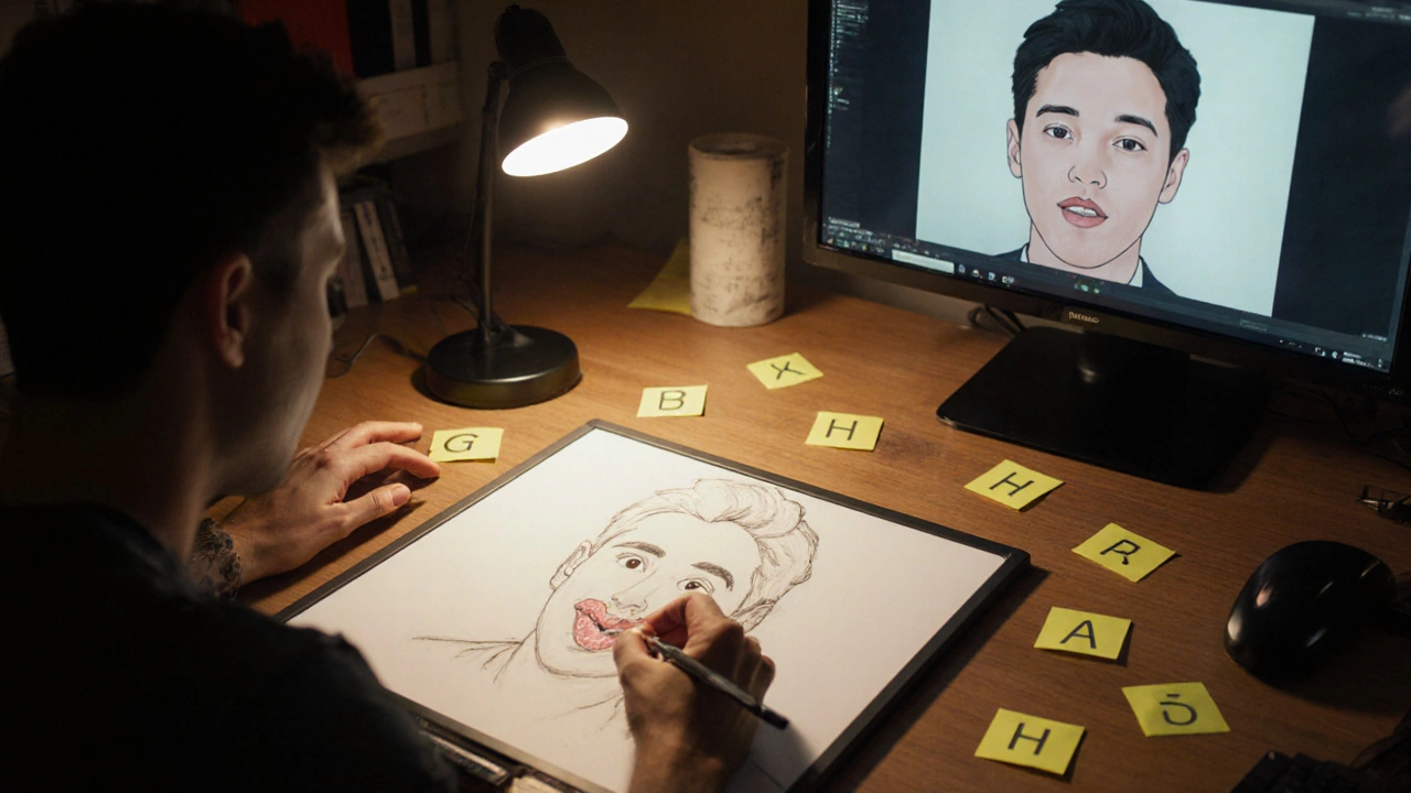 Animator sketching lip sync frames beside a reference video of a voice actor.