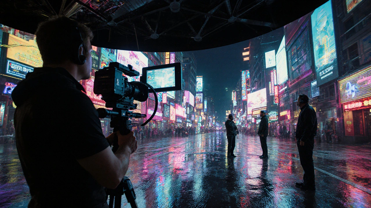 Camera operator moving through a neon cyberpunk city projected on a 270-degree LED wall, rain reflecting off the street.