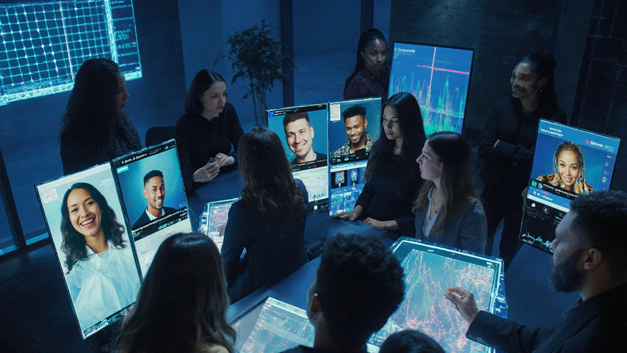 Casting directors analyzing social media reels on multiple screens, digital engagement heatmaps glowing in a modern office.