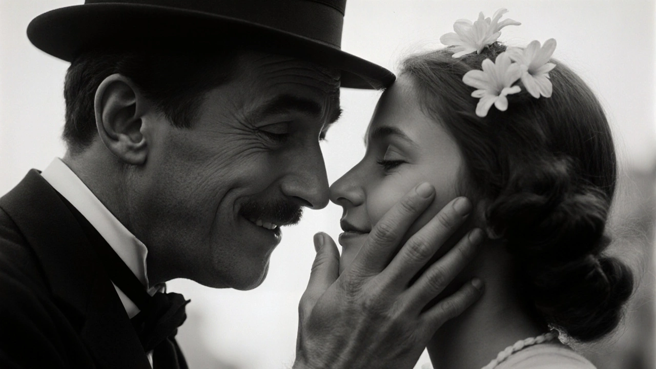 Charlie Chaplin gently touching a woman&#039;s cheek in soft black-and-white light, eyes full of quiet emotion.
