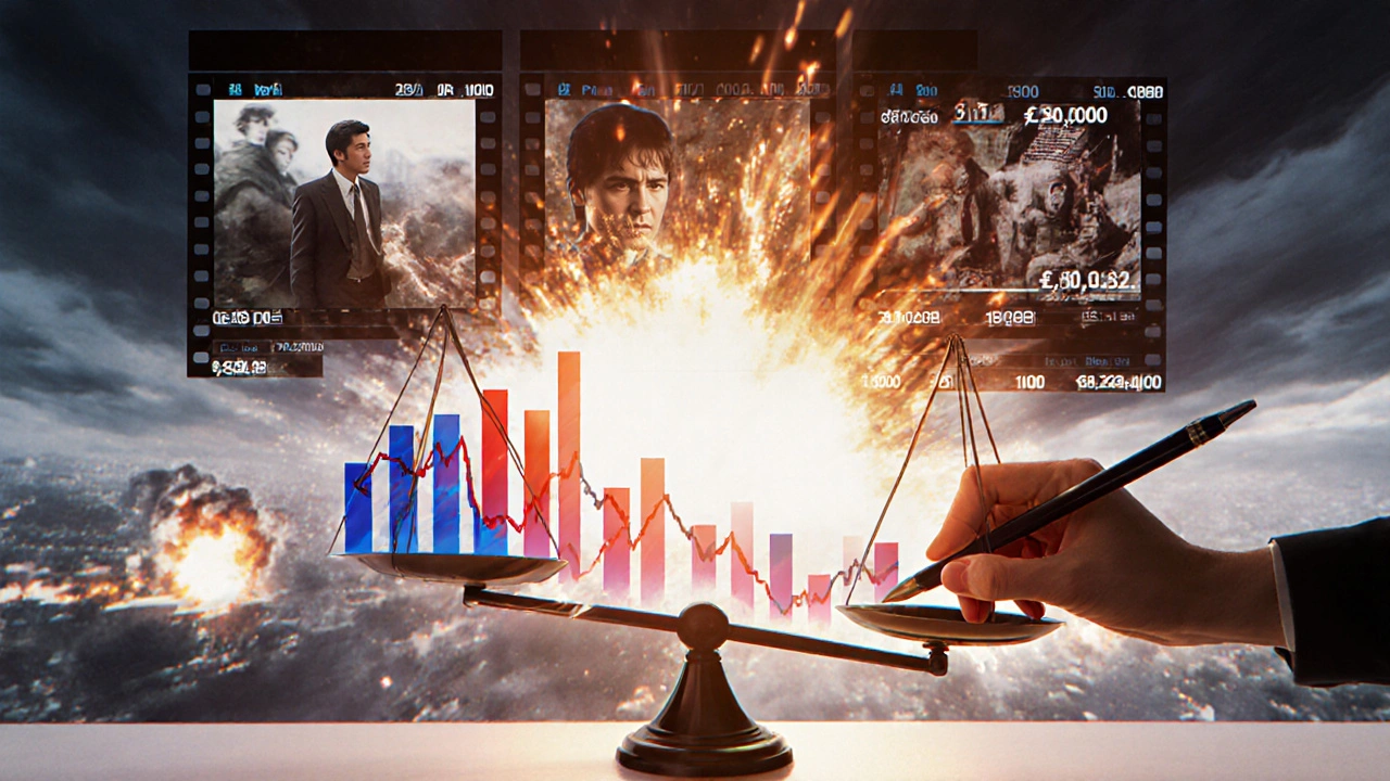Cinematic scenes transforming into financial charts as art and accounting struggle to balance.