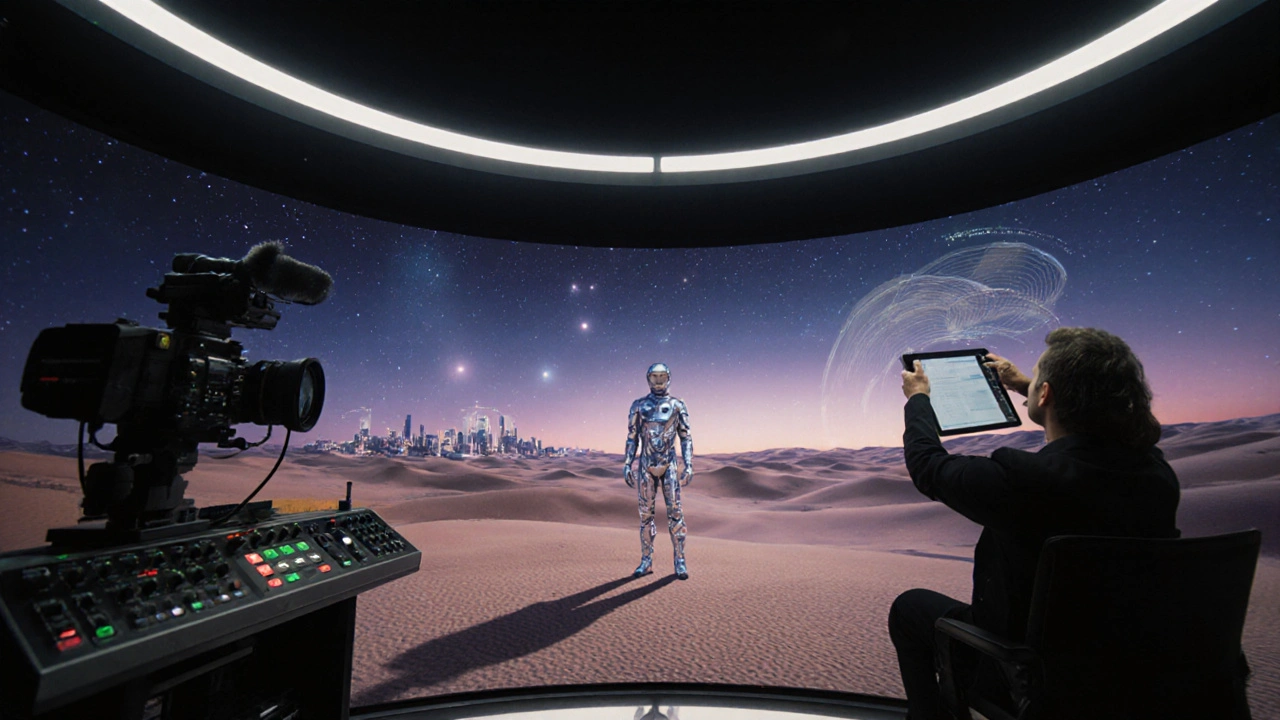 Cinematographer controlling a 360-degree LED dome displaying a desert scene at twilight with realistic reflections.