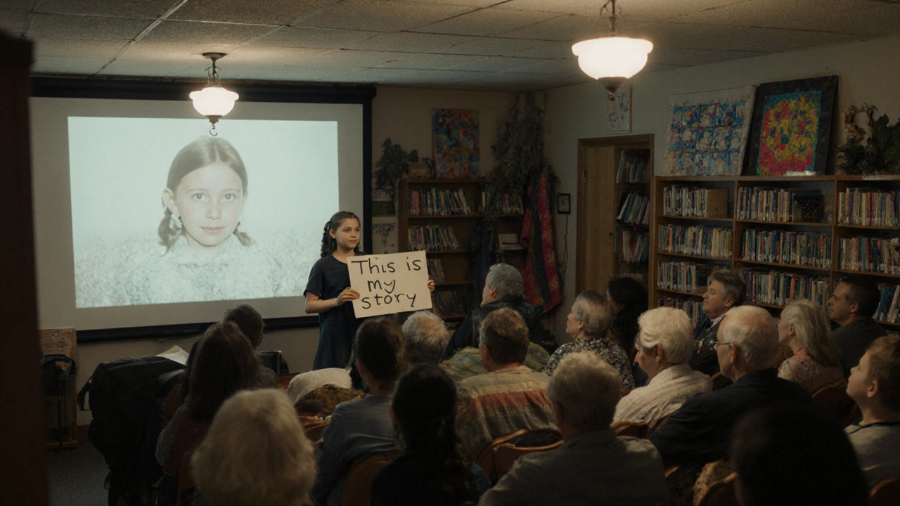 Community members watching a film in a small-town library, emotionally engaged in a story that reflects their lives.
