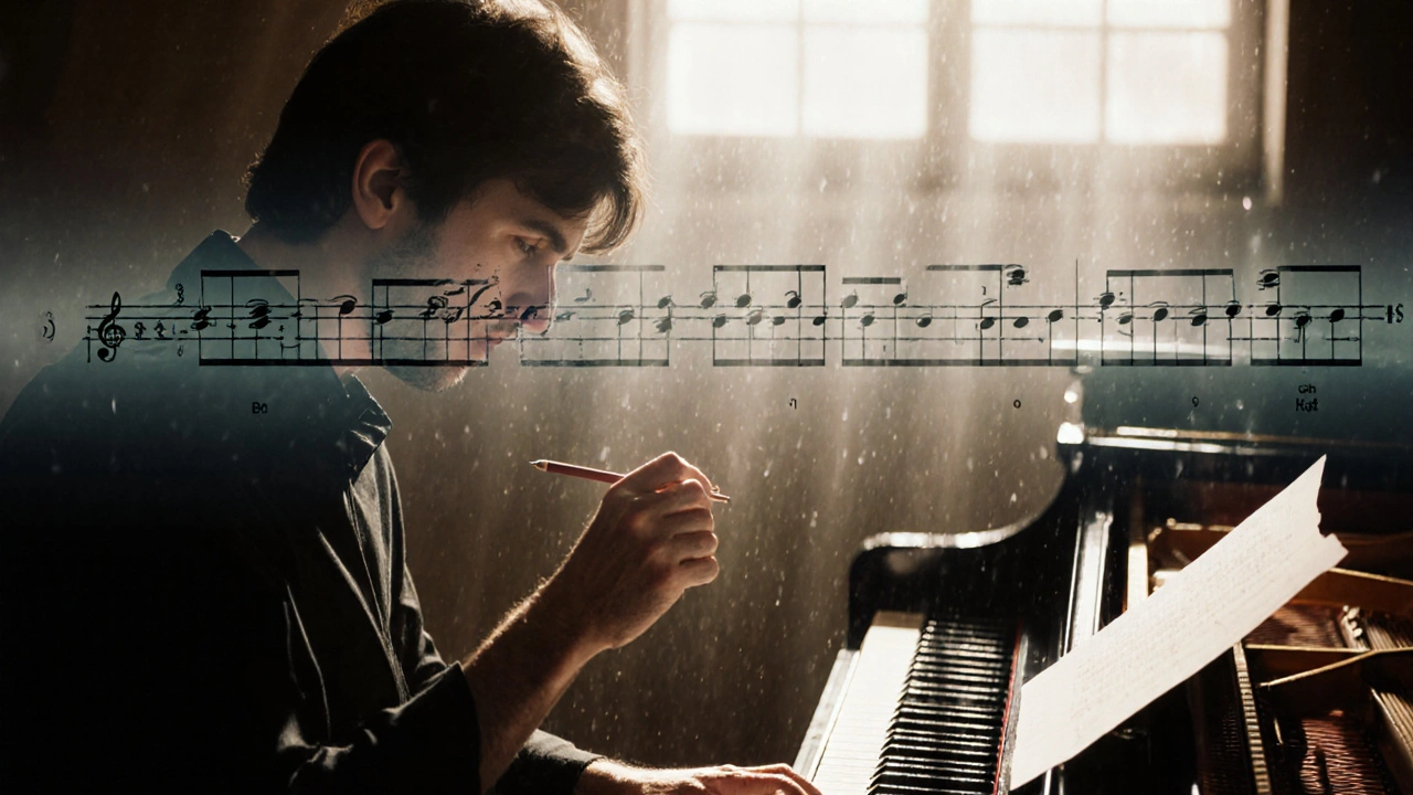 Composer staring at piano keys with a ghostly music overlay, frustrated and alone.