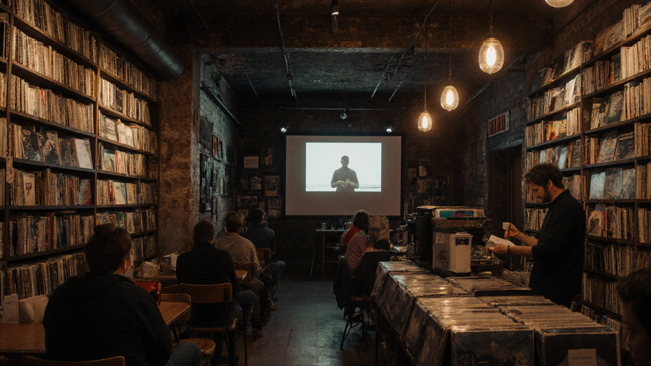 Cozy bookstore cinema with coffee, vinyl records, and indie film screening, community-focused atmosphere.