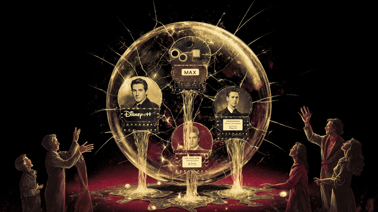 Cracked glass globe leaking film content into separate streaming service streams, symbolizing fragmented access.