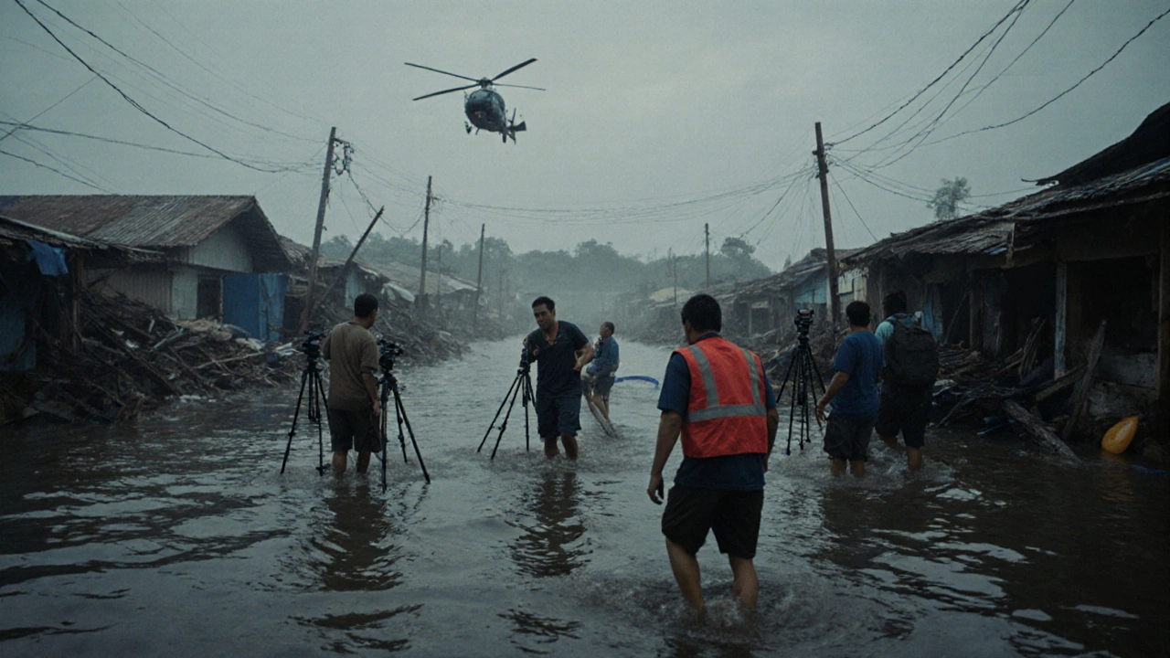 Crew evacuating a flooded film set in the Philippines during a typhoon, with helicopter overhead.