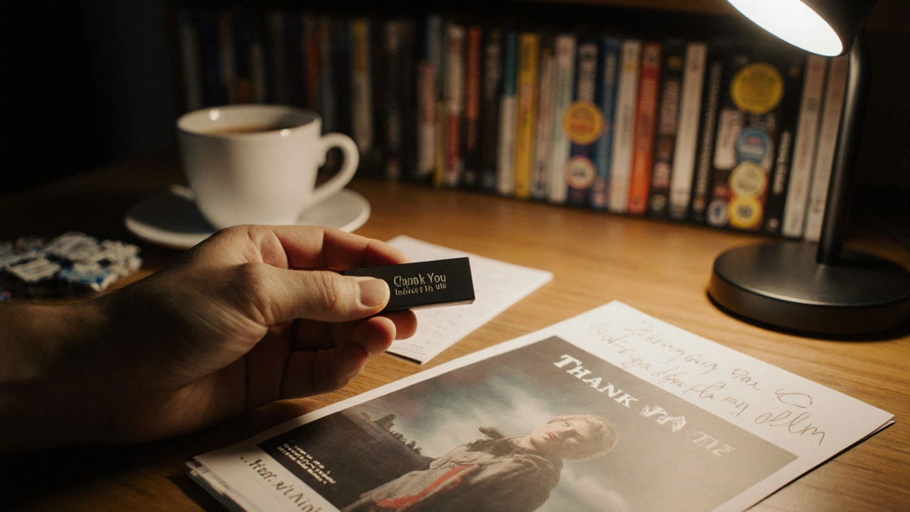 Custom USB drive with film title next to thank-you notes and a poster on a wooden table.
