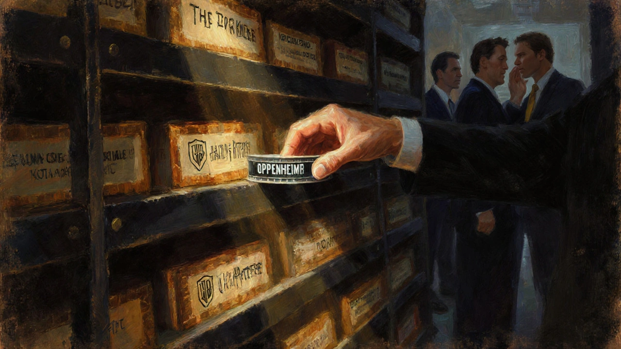 Dark film vault filled with classic movie reels under a single spotlight, executives in shadow nearby.