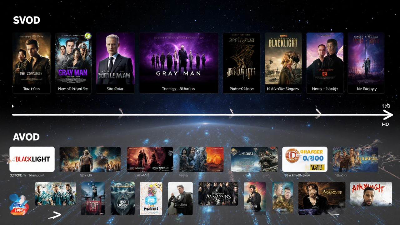 Digital timeline with SVOD and AVOD film paths, glowing vs chaotic visuals