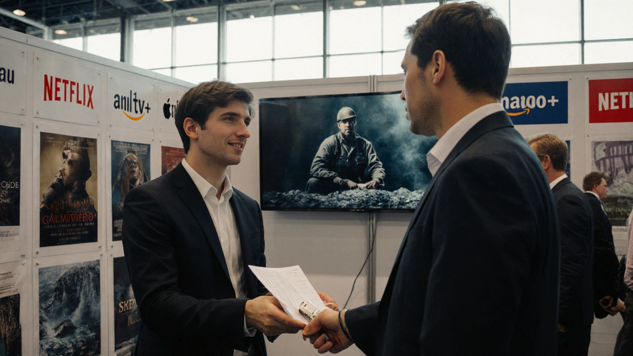 Director handing a one-pager and USB drive to a buyer at the American Film Market.
