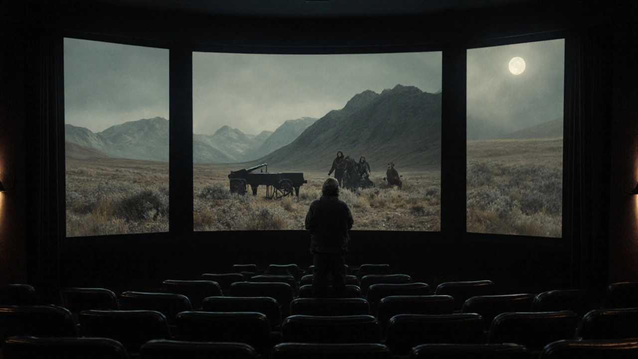 Director watching a silent wilderness scene, moonlight casting calm shadows in a theater.