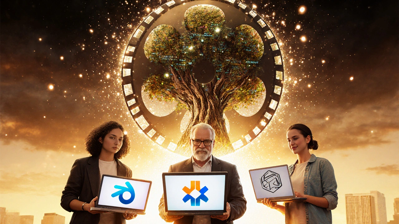 Diverse group of creators using open-source VFX tools as digital particles form a film reel turning into a tree.