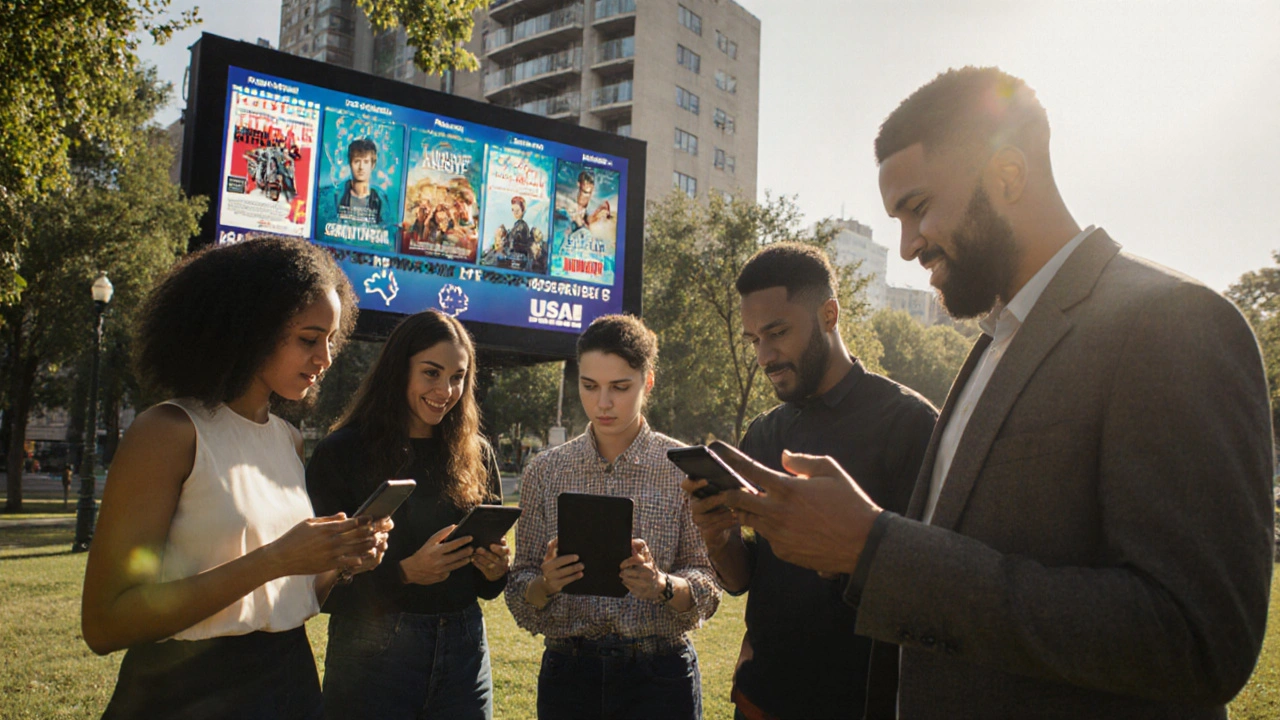 Diverse group of filmmakers celebrating sales notifications on phones in a sunlit park.