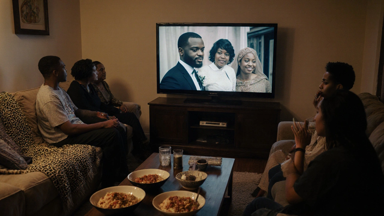 Diverse viewers in Toronto watching a Nollywood film on TV, emotionally engaged by the story on screen.