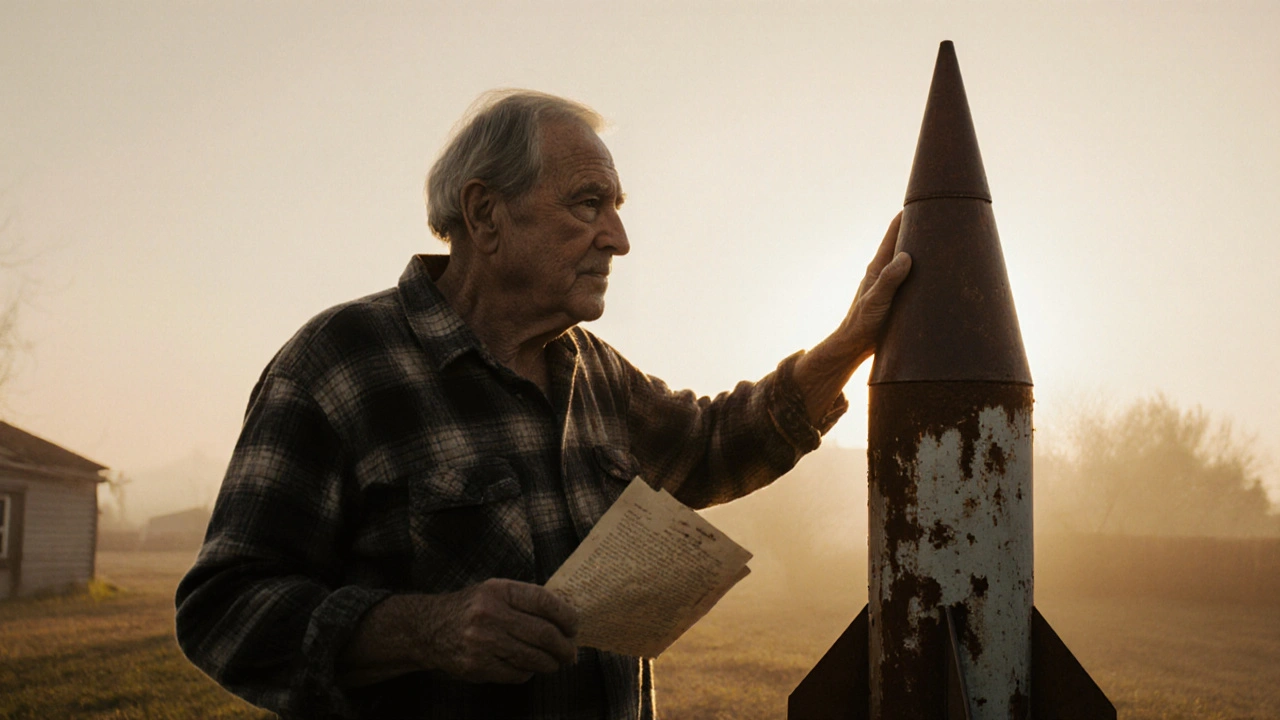 Elderly man standing beside a handmade rocket in a misty Appalachian field at golden hour.
