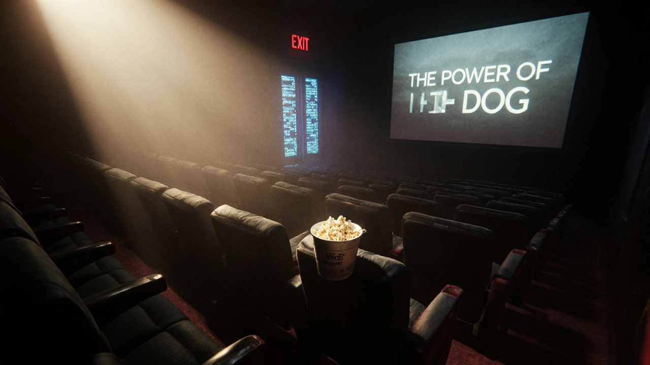 Empty theater at dawn with a fading film title on screen, hidden server room behind it.