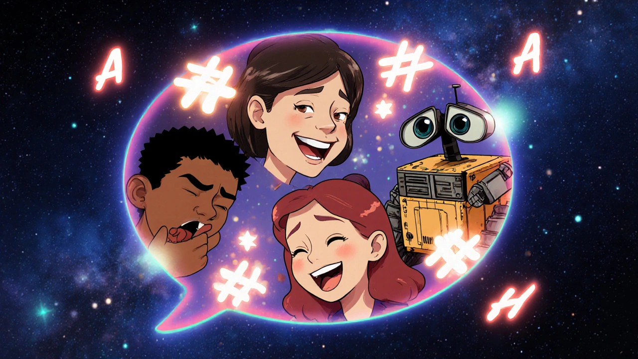 Famous animated characters with phoneme symbols floating around them, representing speech rhythms.