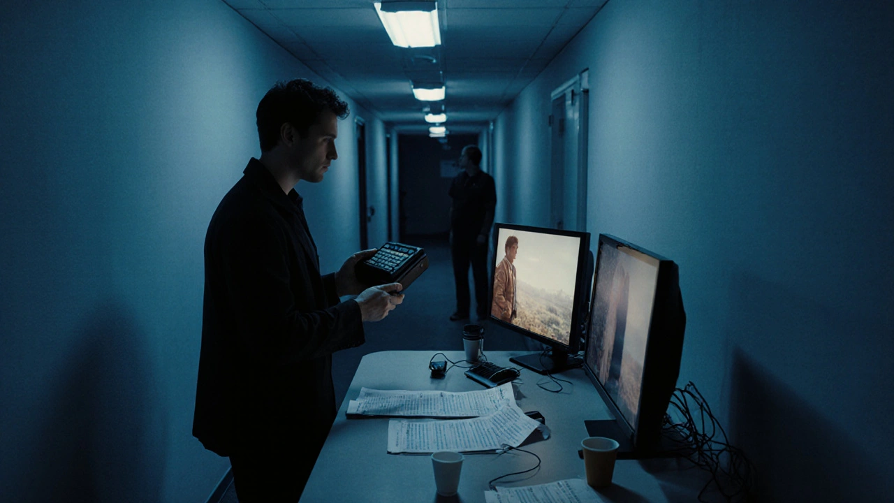 Festival staff exchange a film file late at night, monitors show color-graded scenes in a quiet hallway.