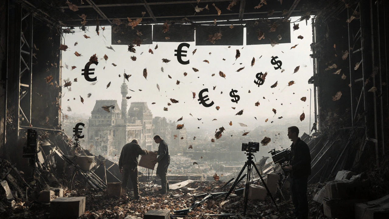 Film crew dismantling a Berlin set as currency symbols fall, with a cheaper Eastern European landscape in the distance.