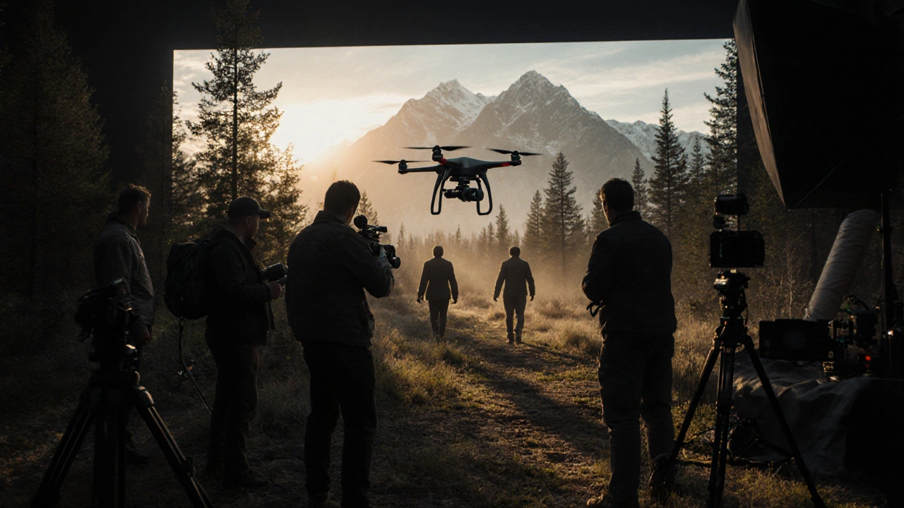 Film crew using a drone to capture a sweeping aerial shot in a misty forest.