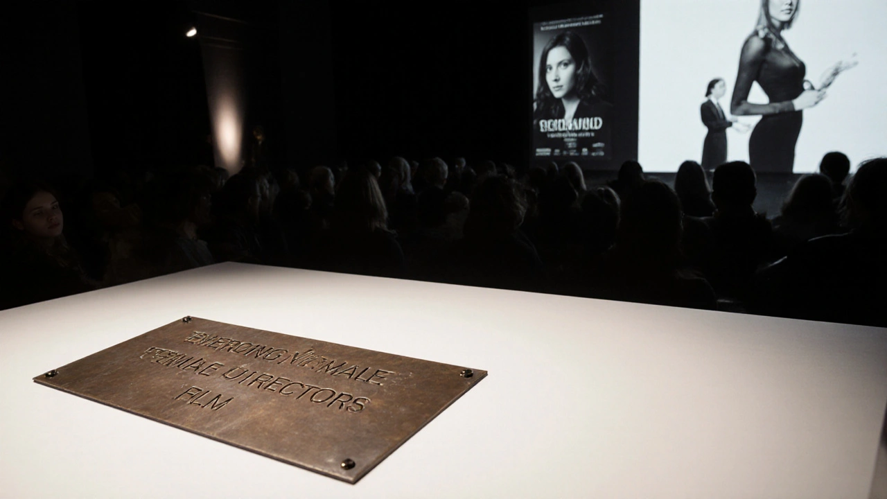 Film festival stage with subtle watchmaker plaque and director receiving award, no branding visible.