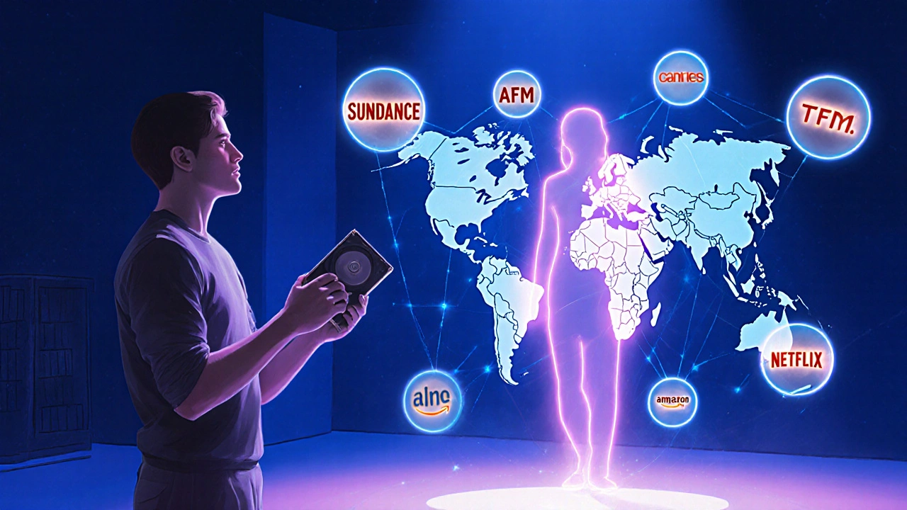 Filmmaker connected to global markets through glowing distribution network.