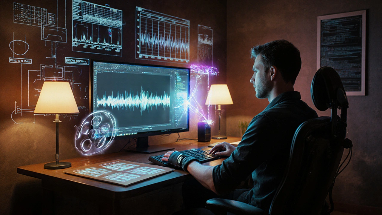 Filmmaker using a haptic glove and vibrating chair while reviewing a film’s tactile feedback cues in a studio.