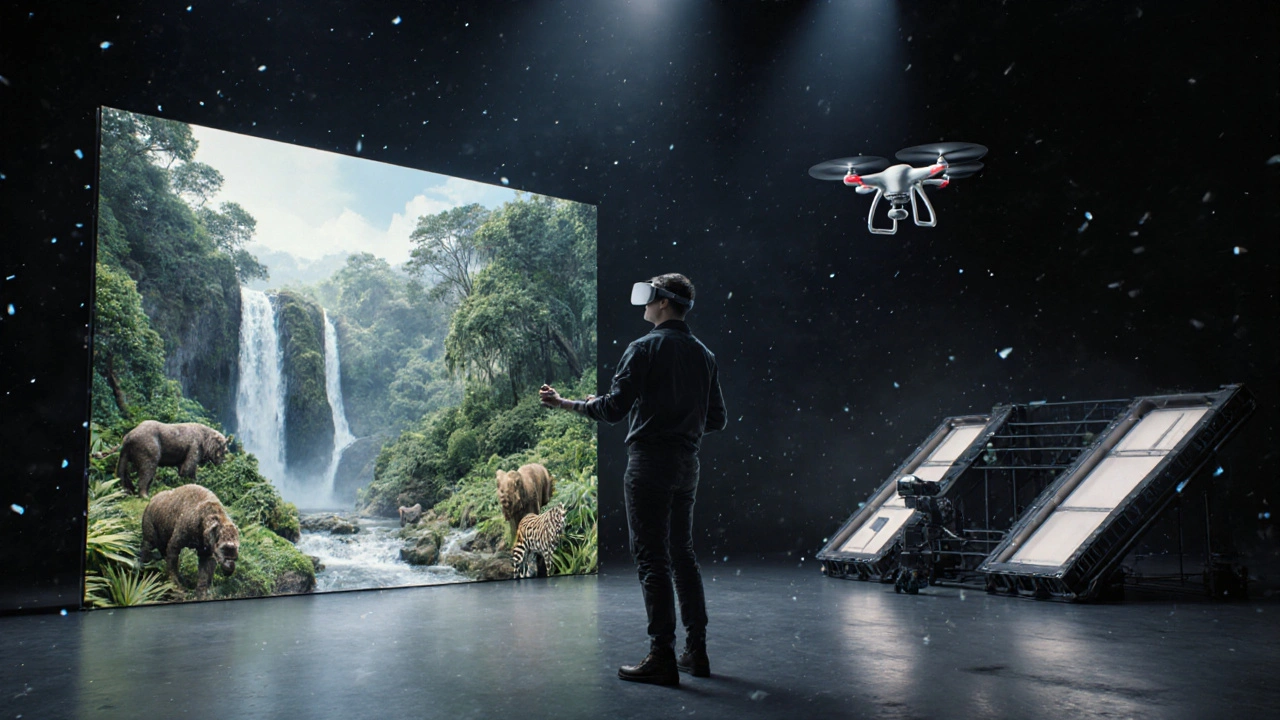 Filmmaker using AR glasses to see a virtual jungle overlaid on a blank soundstage, with modular LED panels in the background.