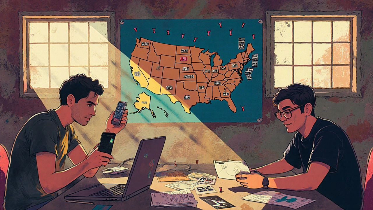 Filmmakers in a garage editing room, spreading DIY promotional materials across a U.S. map.