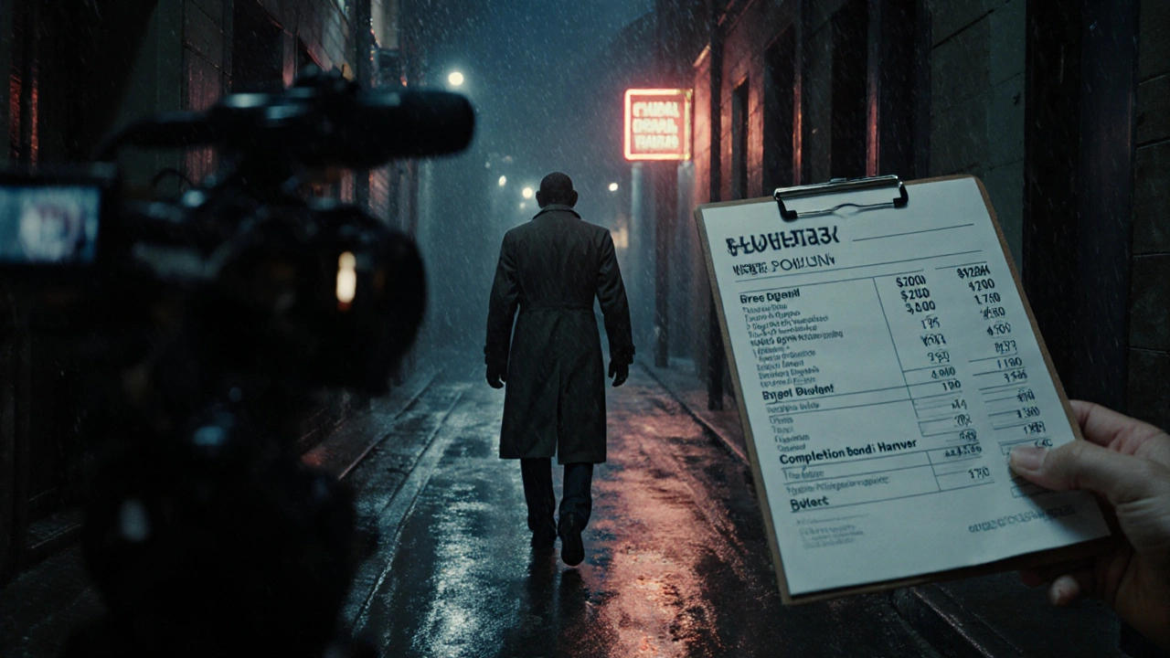 Filmmakers shooting a thriller in a rainy alley, with budget notes visible on clipboard.