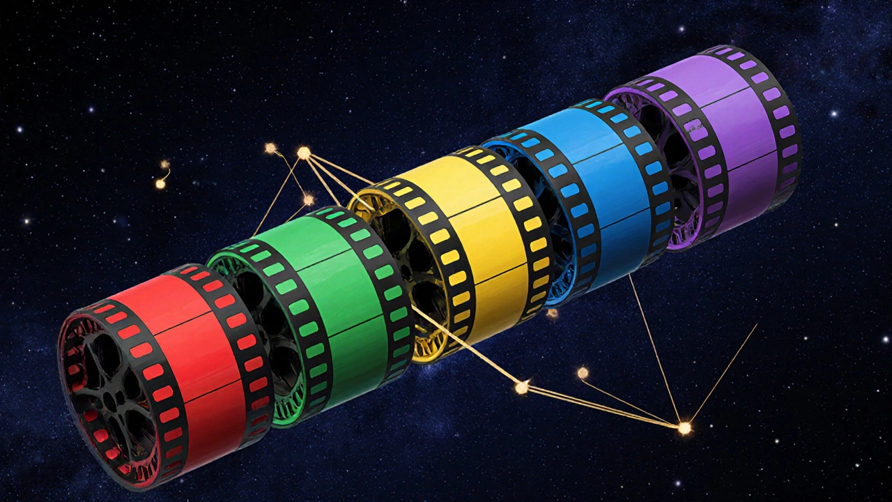 Five colored film reels floating in a starry sky, connected by golden threads as a portfolio metaphor.