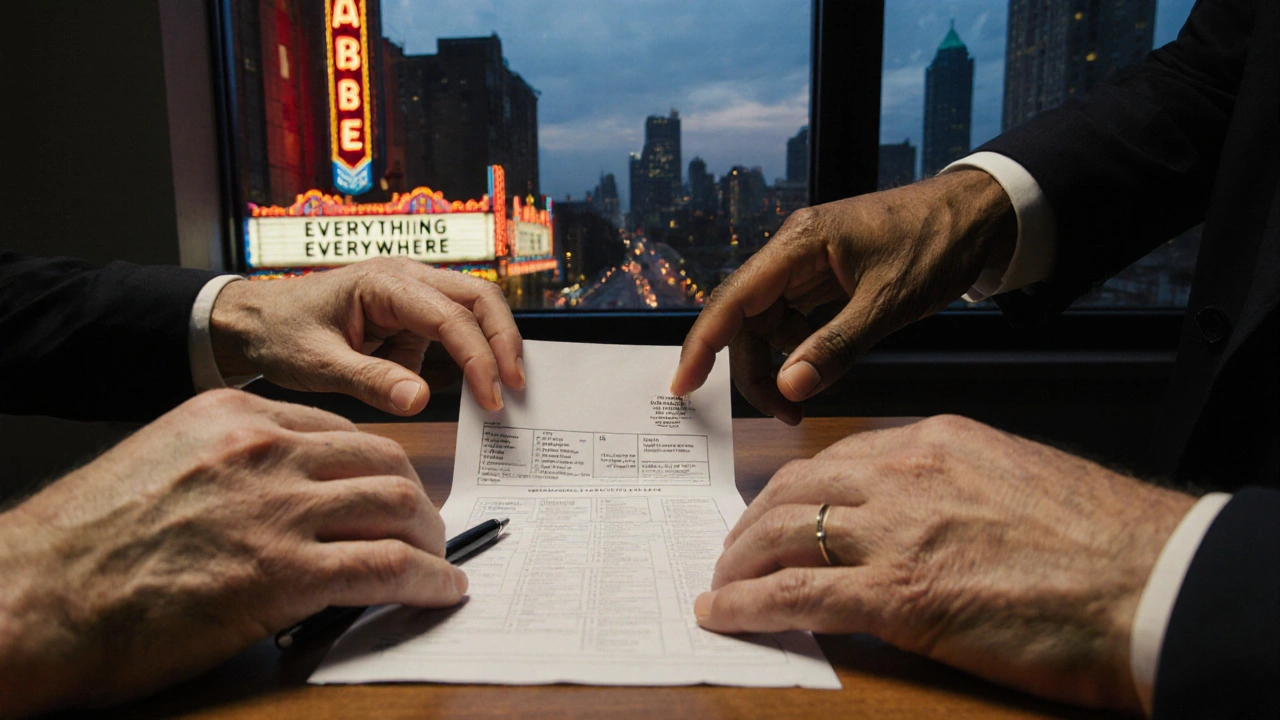 Five hands reaching for an Oscar ballot—four older white hands, one younger darker hand hesitating.