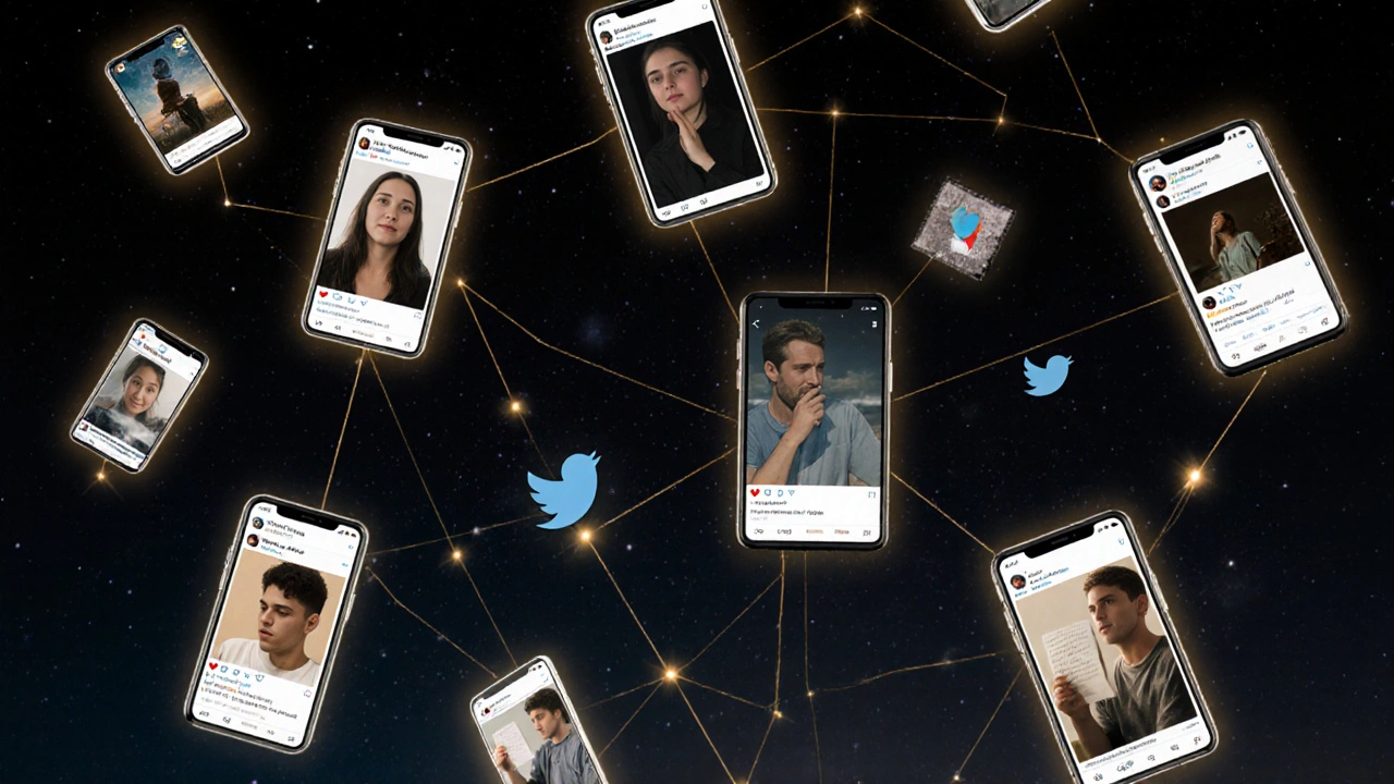 Floating social media posts showing diverse emotional reactions to a movie.