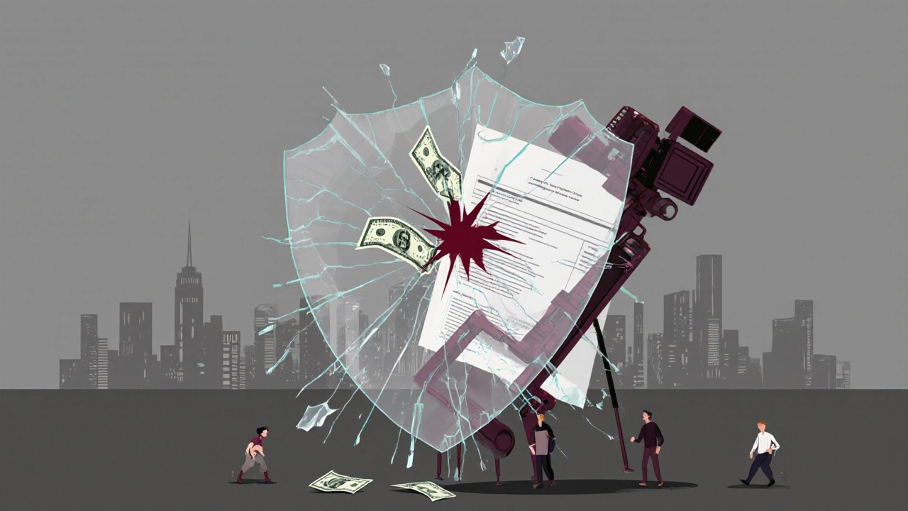 Fragile glass shield cracking under a falling camera rig, symbols of financial and legal risk.