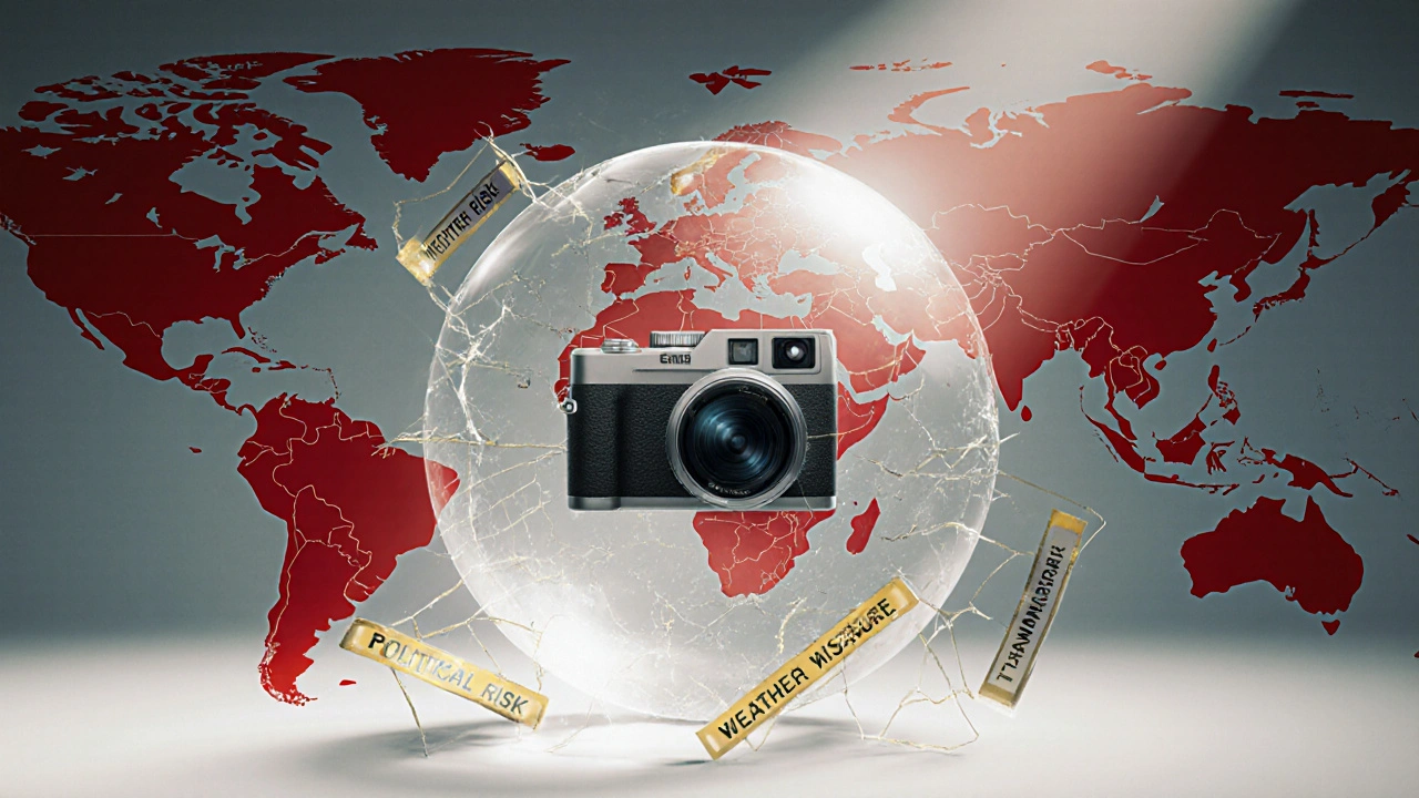 Glass globe with film camera held together by insurance threads, shattered by political, weather, and force majeure risks.