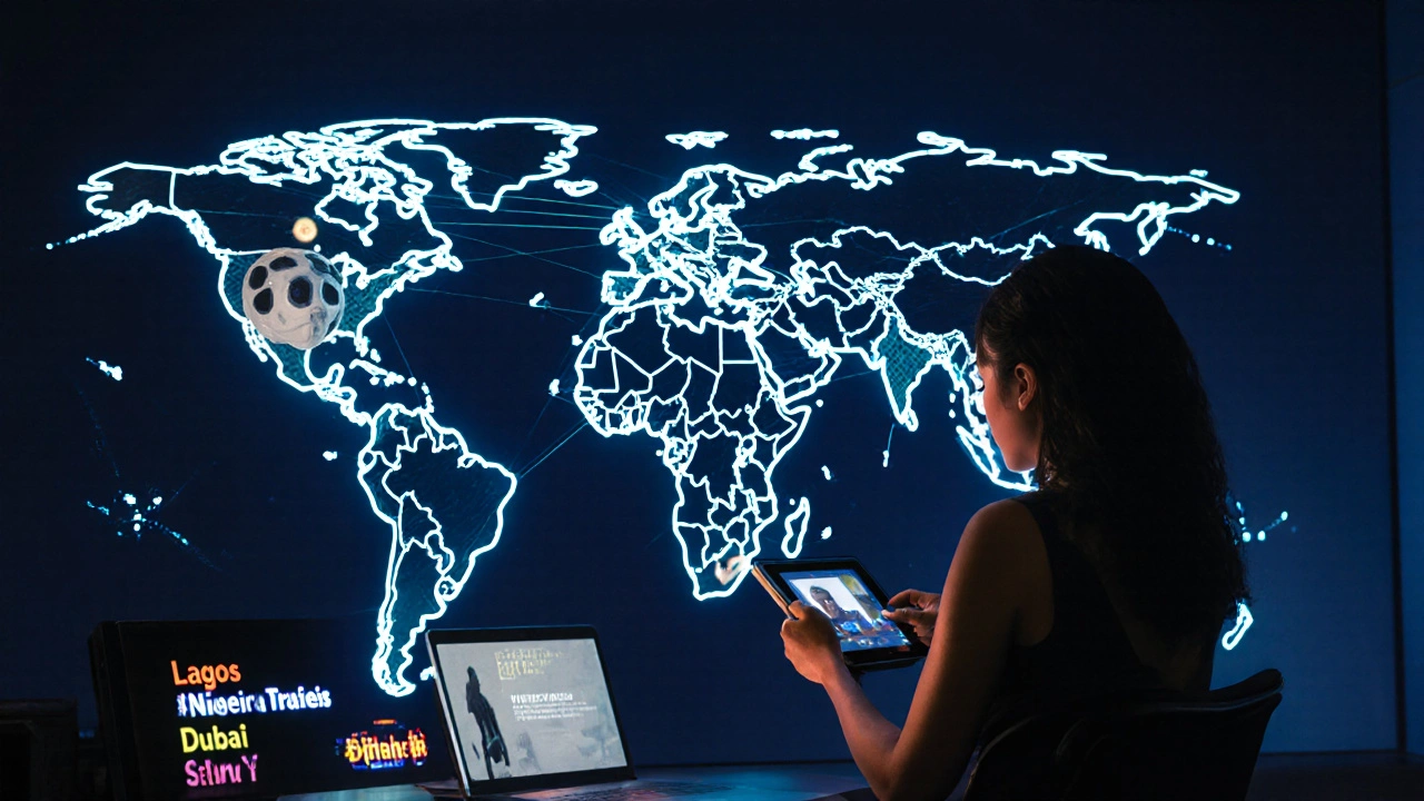 Global map with glowing connections from Lagos to international cities, symbolizing Nollywood’s worldwide reach.