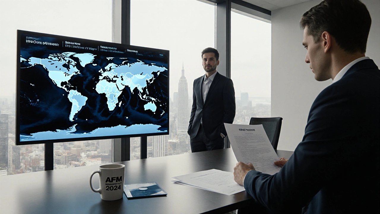 Global sales heatmap on screen in a modern office, sales agent reviewing contract with filmmaker.