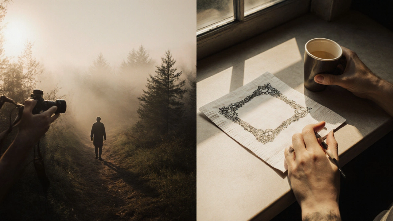 Hand-drawn frame on a napkin beside natural light, symbolizing creative collaboration in filmmaking.