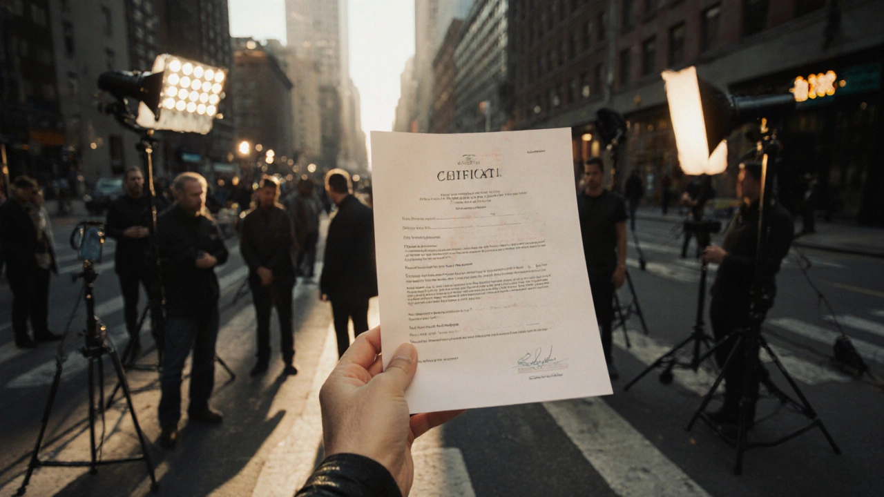 Hand holding a Certificate of Insurance on a busy film set with lighting equipment in background.