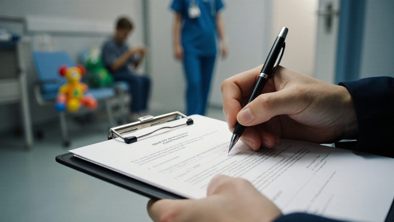 Hand signing a legal document in a hospital room with a child’s toy visible in the background.