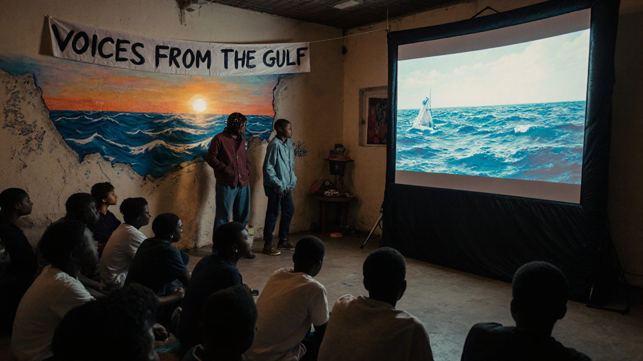 High school students projecting a film about coastal erosion in a New Orleans community center.
