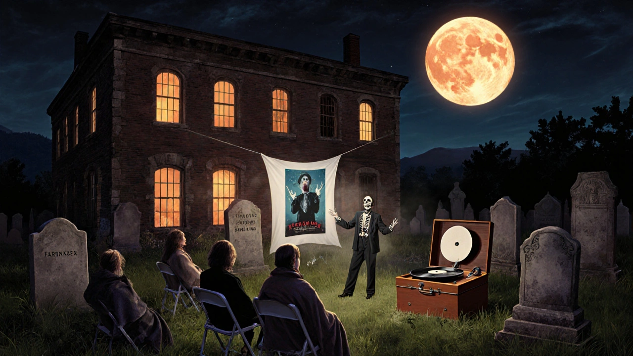 Horror film projected onto a sheet between graves at a nighttime festival, attendees in blankets under moonlight.