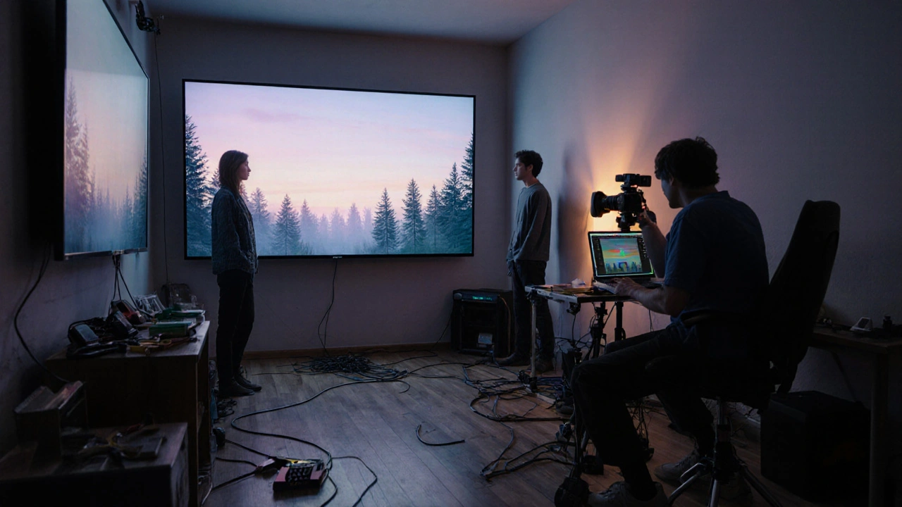 Indie film crew using OLED TVs as a budget LED volume to film a quiet scene under digital twilight forest lighting.