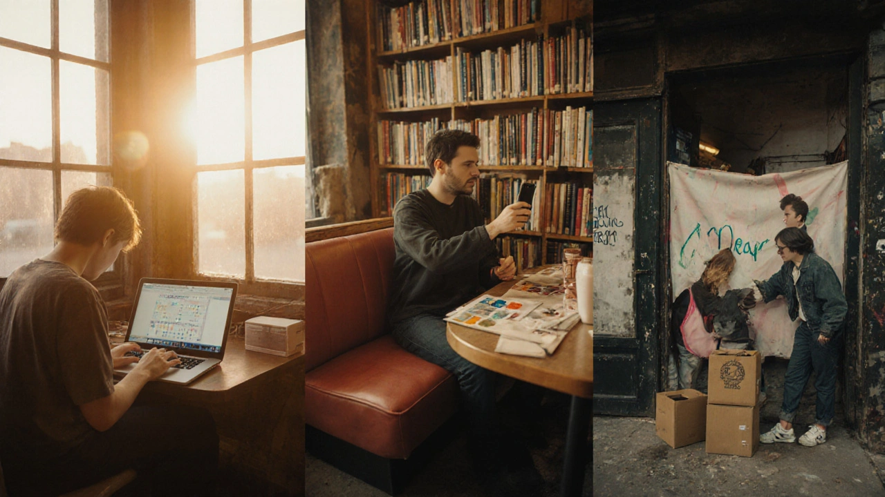 Indie filmmakers working in libraries, diners, and vacant stores using low-cost tools and natural light.