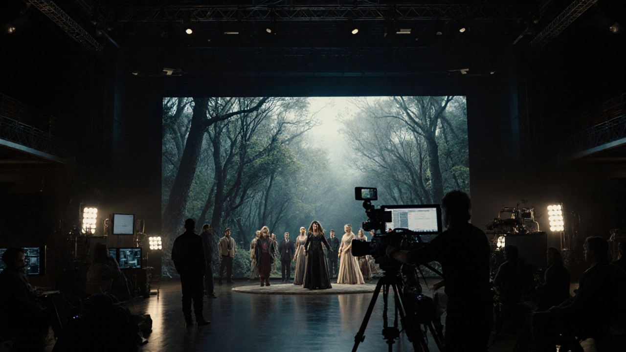 Interior of a high-tech sound stage with LED wall displaying a digital forest and crew operating equipment.