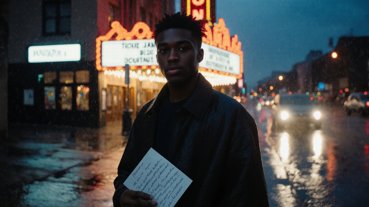 Jalen Carter standing alone on a rainy street at night, holding a letter, theater sign glowing in background.