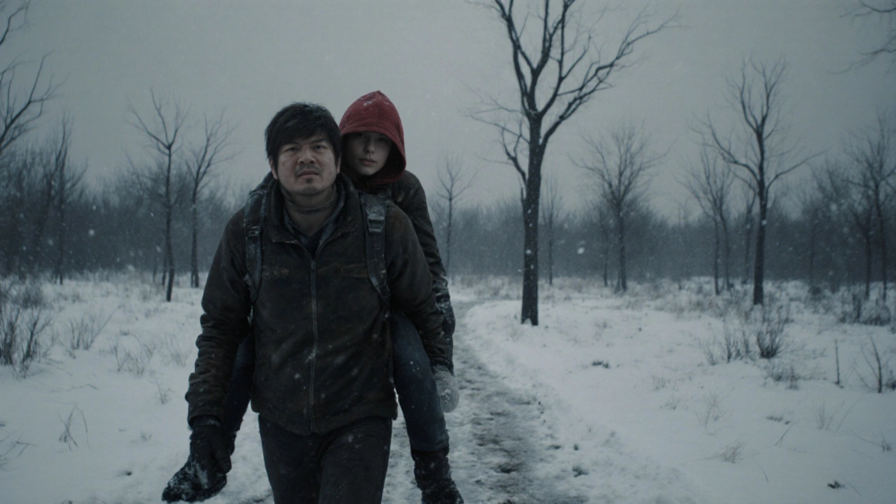 Joel stumbles through a snowy wasteland carrying Ellie, camera shaking with exhaustion.