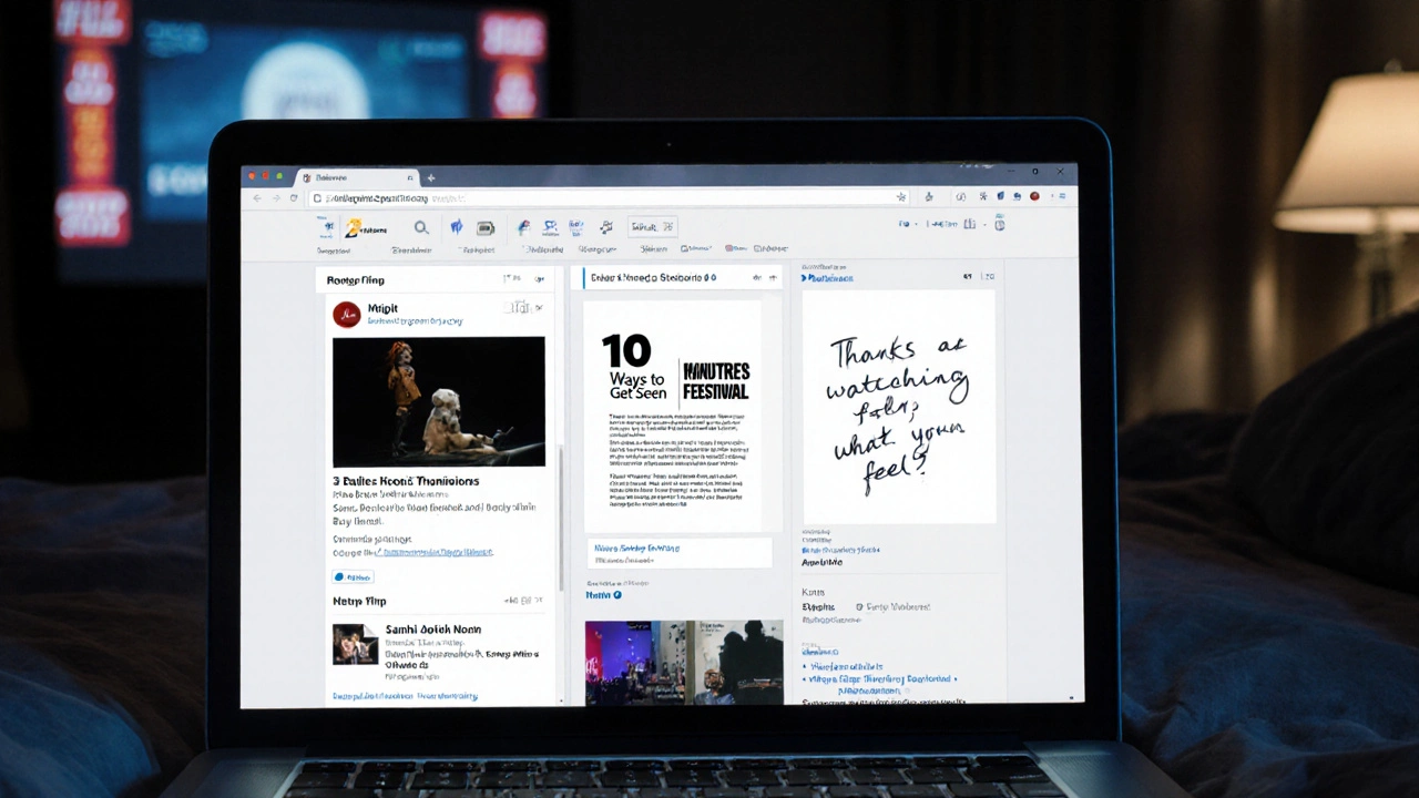 Laptop screen showing three email previews with film clips and PDFs, soft ambient light
