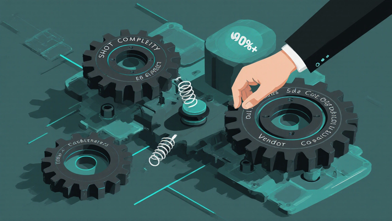 Mechanical clockwork illustrating balanced VFX scheduling with shot complexity, artist skill, and vendor capacity gears.